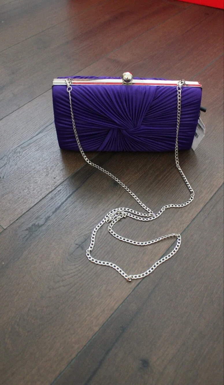 Akira Purple Satin‎ Knotted Evening Clutch with Chain